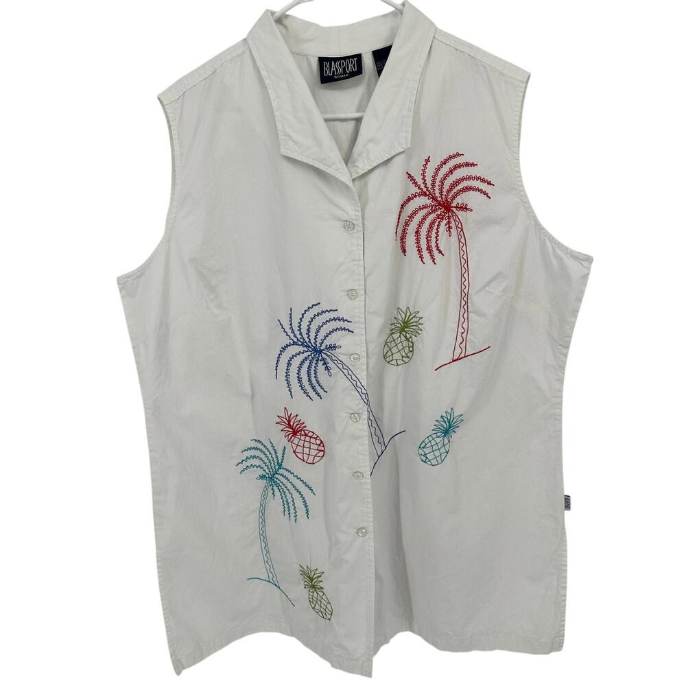 Blassport Button Down Dress Womens 2XL Embroidered Colorful Palms Beach‎ Resort
